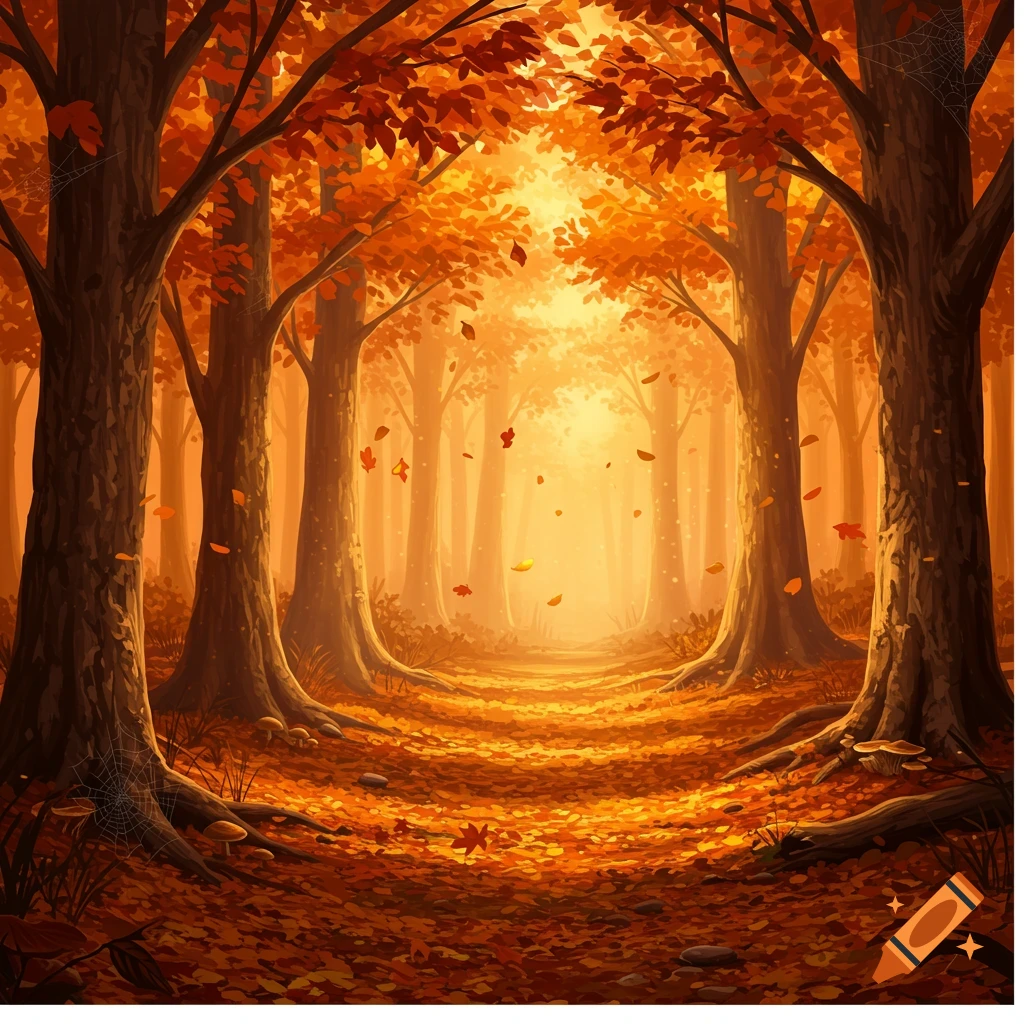 A vibrant path through an autumn forest with trees adorned in bright orange and red leaves, bathed in glowing golden light.