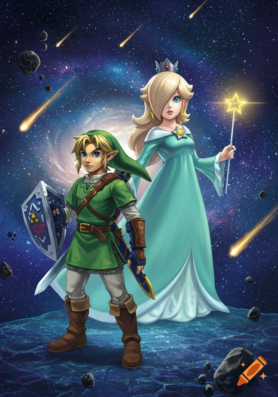 Link and Rosalina stand in a cosmic galaxy with asteroids and shooting stars, Link holding a sword and shield.