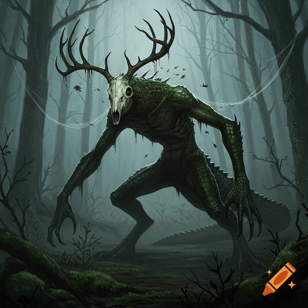 A green, scaled wendigo and crocodile hybrid creature with a skull head and antlers stands in a dark, misty forest.