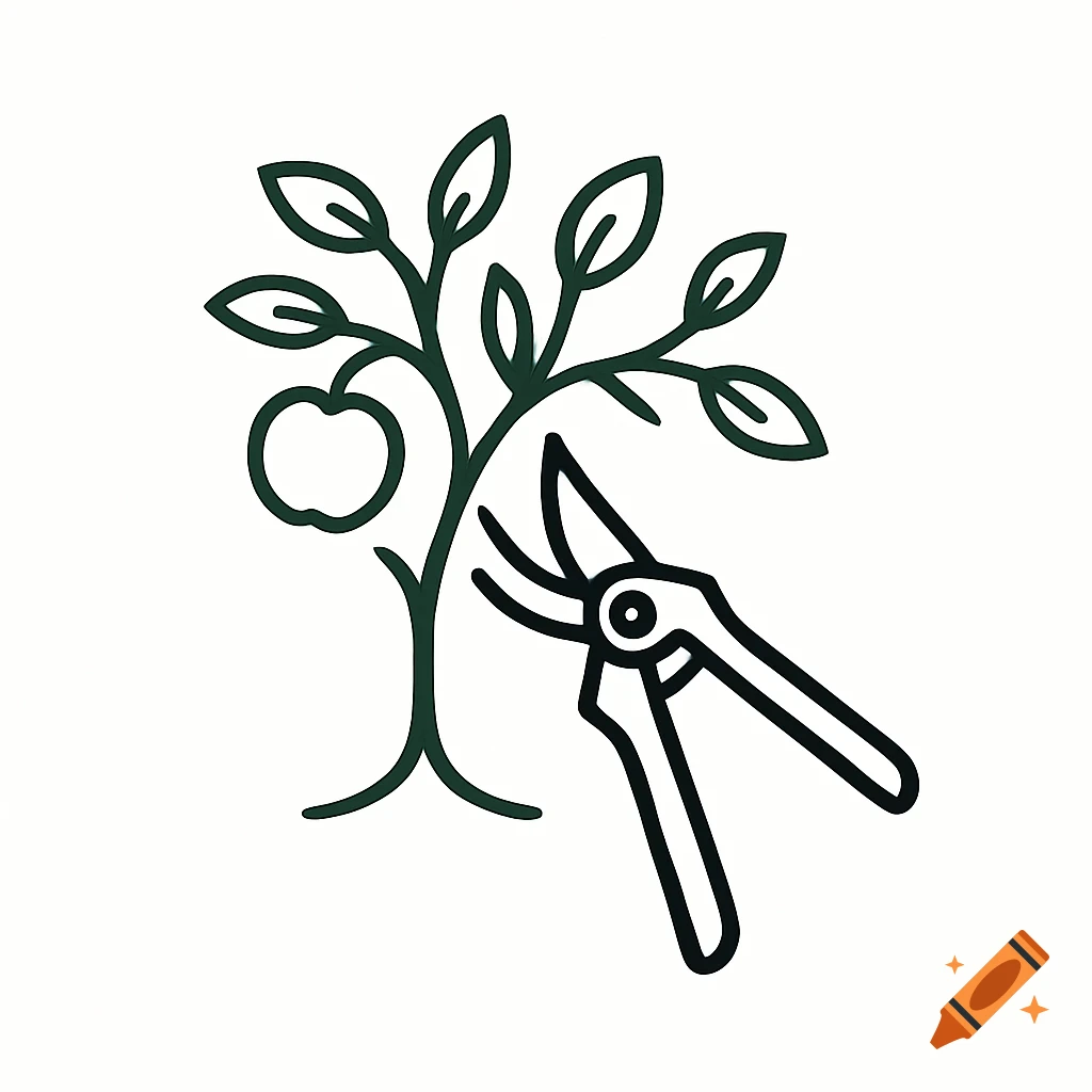 Line art logo of a fruit tree with an apple being pruned by shears on a white background.