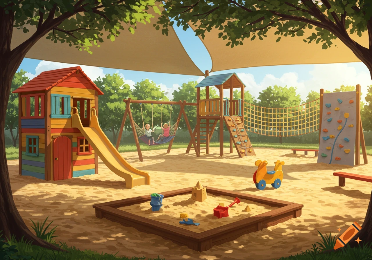 An illustrated children's playground with a colorful playhouse and slide, two kids on a swing, a climbing wall, sandbox, and ride-on toy, under sunshades.