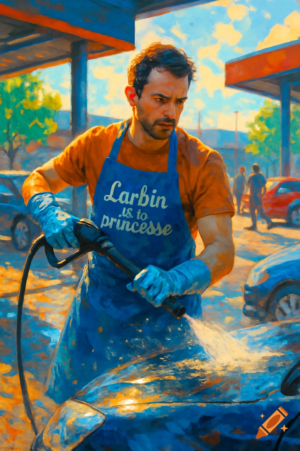 A painterly image of a man in an orange shirt, blue apron, and blue gloves, power washing a blue car at an outdoor service station.