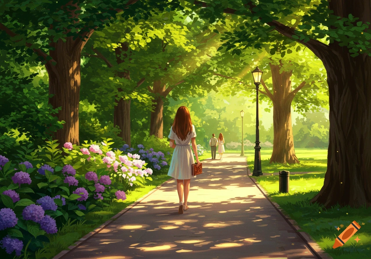 A vibrant digital illustration of a woman in a white dress walking down a sun-dappled park path lined with trees and purple flowers.