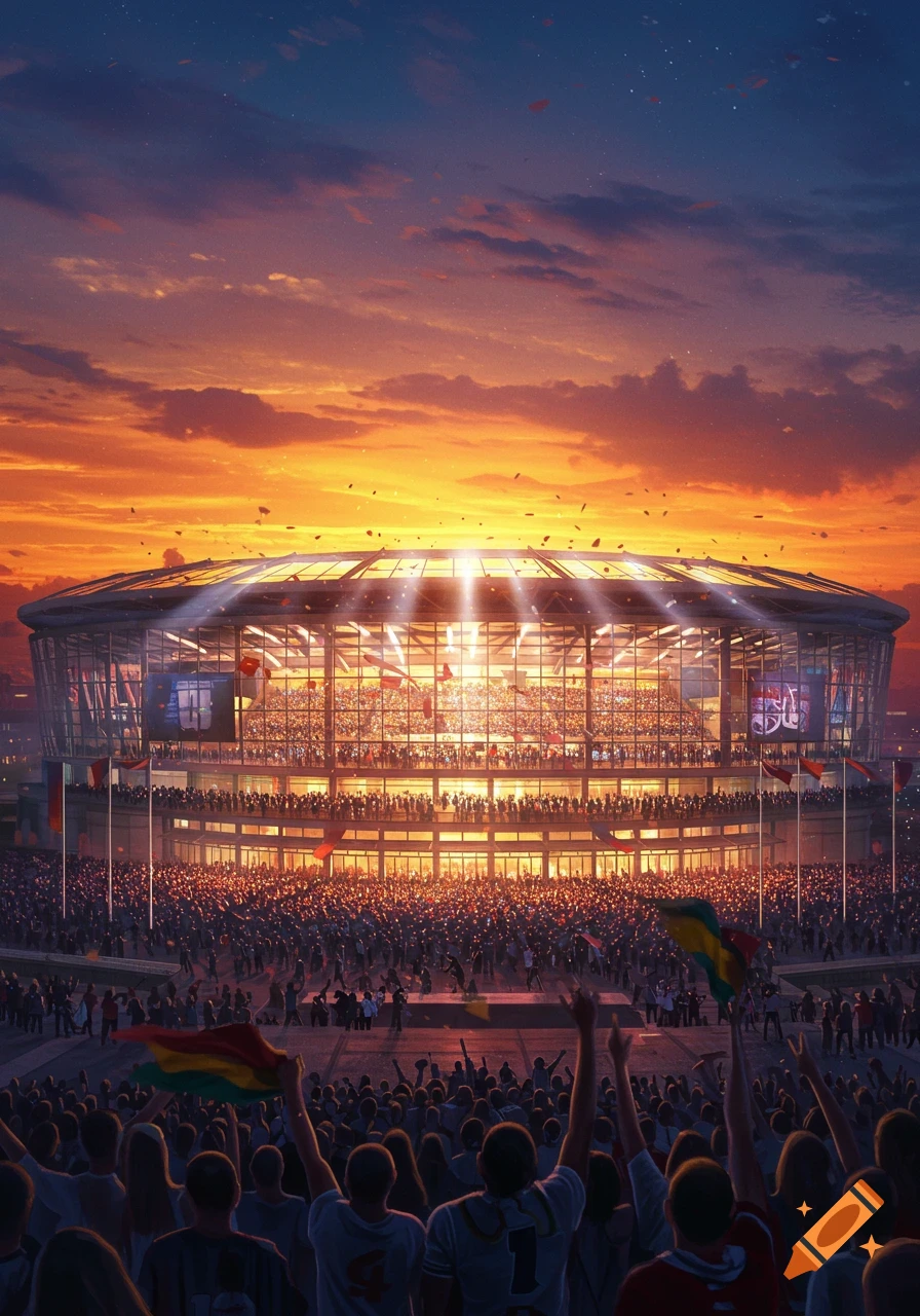 A massive stadium filled with a cheering crowd at sunset, lit by bright lights, with flags waving.