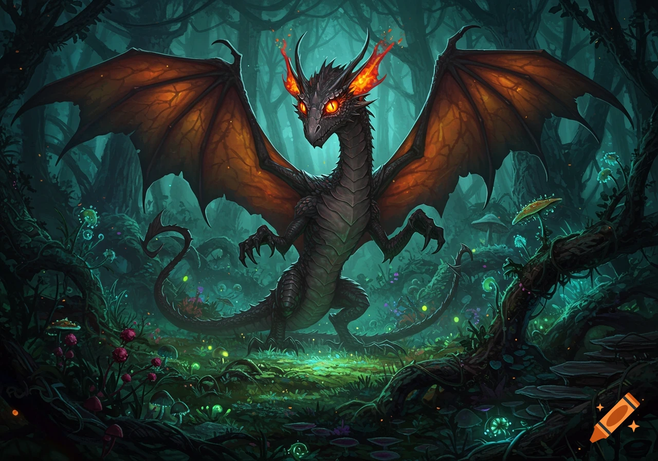A majestic dark fantasy dragon with fiery eyes and large orange wings stands in an enchanting, glowing forest.