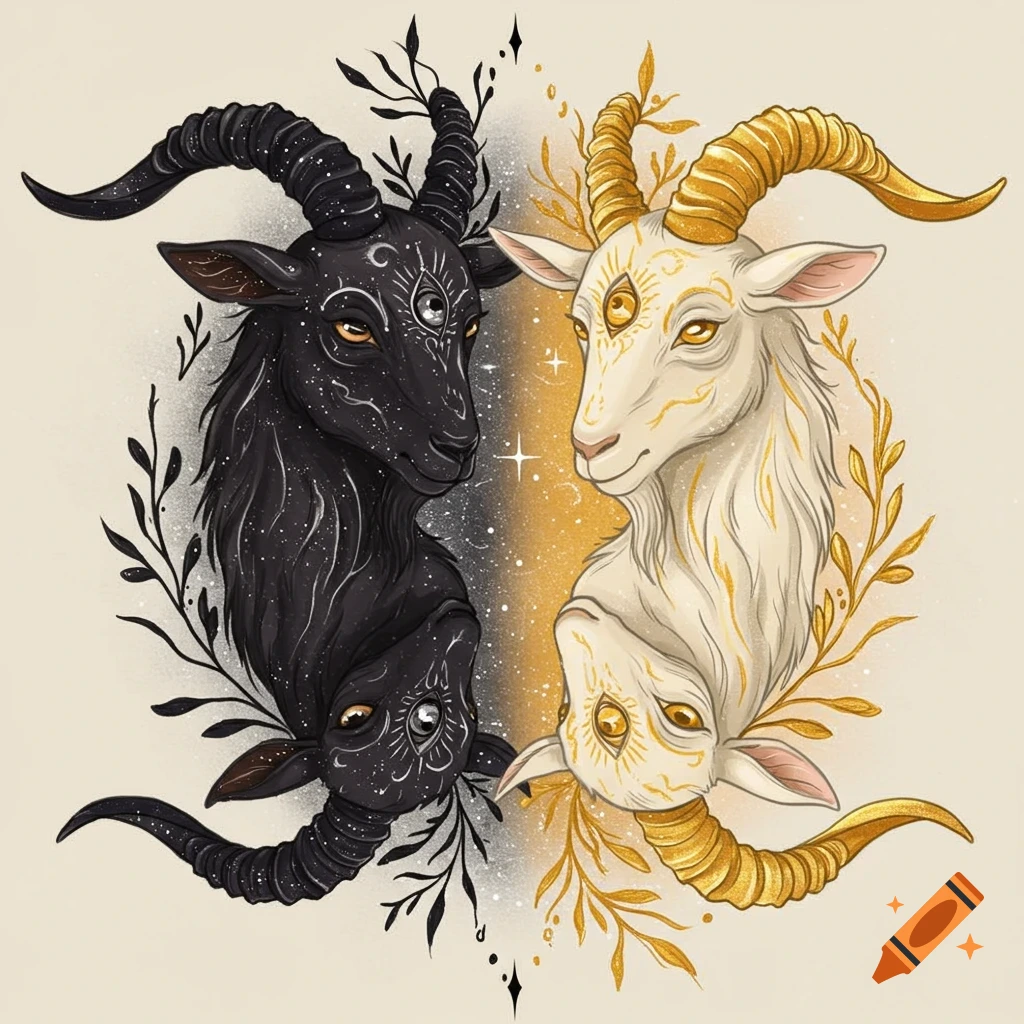 Symmetrical tattoo art featuring a black goat with celestial markings and a white goat with golden markings, both with third eyes.