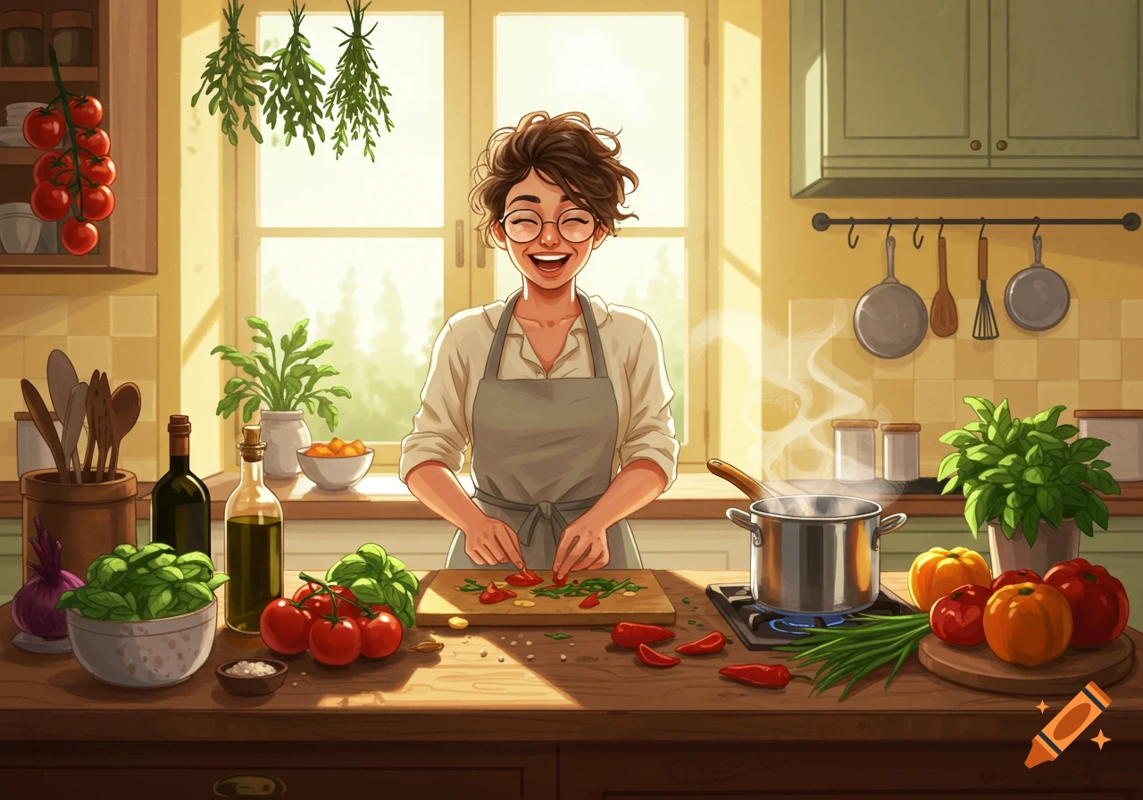 A smiling woman with short, curly hair and glasses chops vegetables on a wooden cutting board in a bright, rustic kitchen.