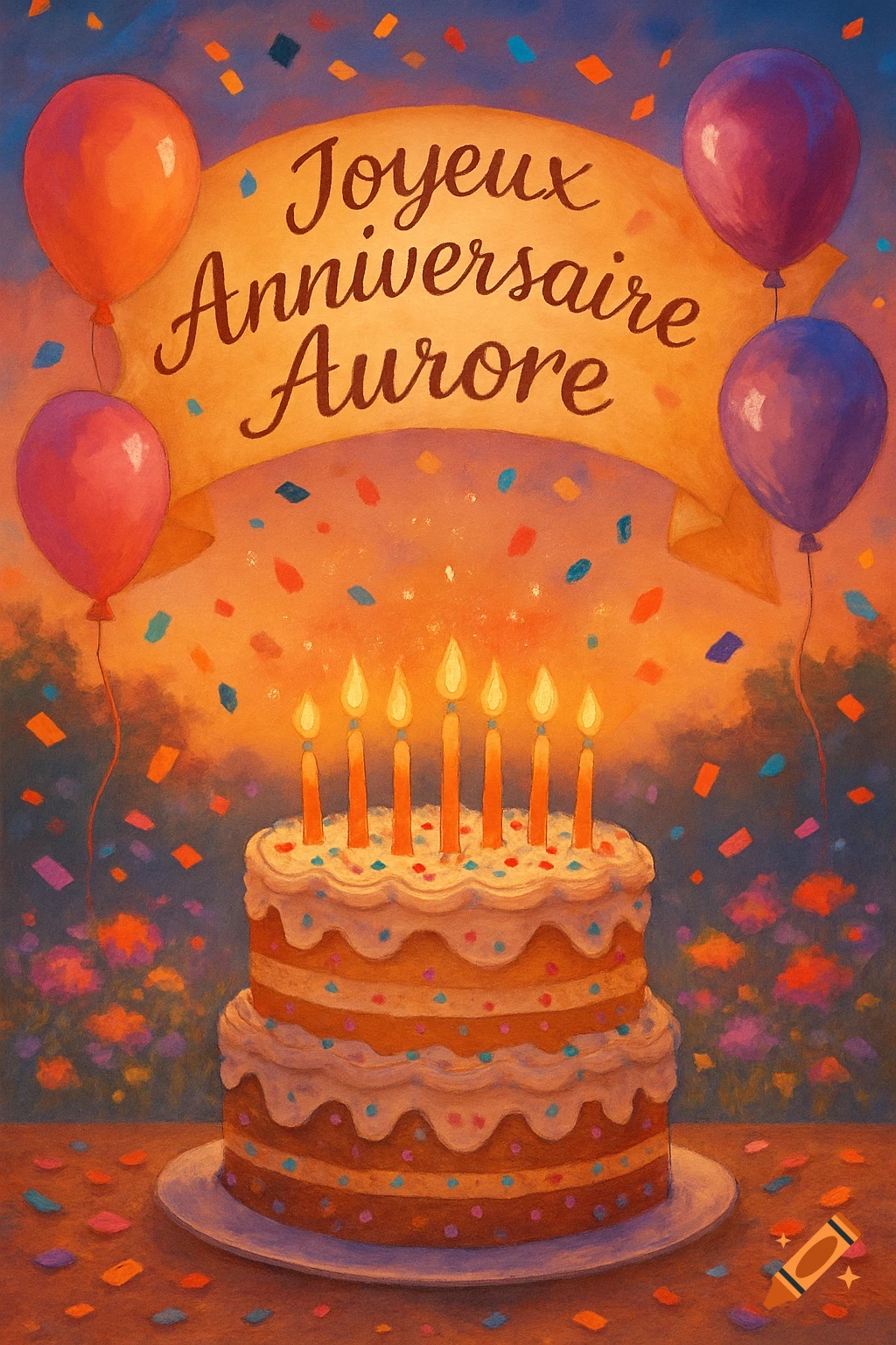 Painterly birthday card with a two-tier cake, lit candles, colorful balloons, confetti, and a banner reading "Joyeux Anniversaire Aurore".