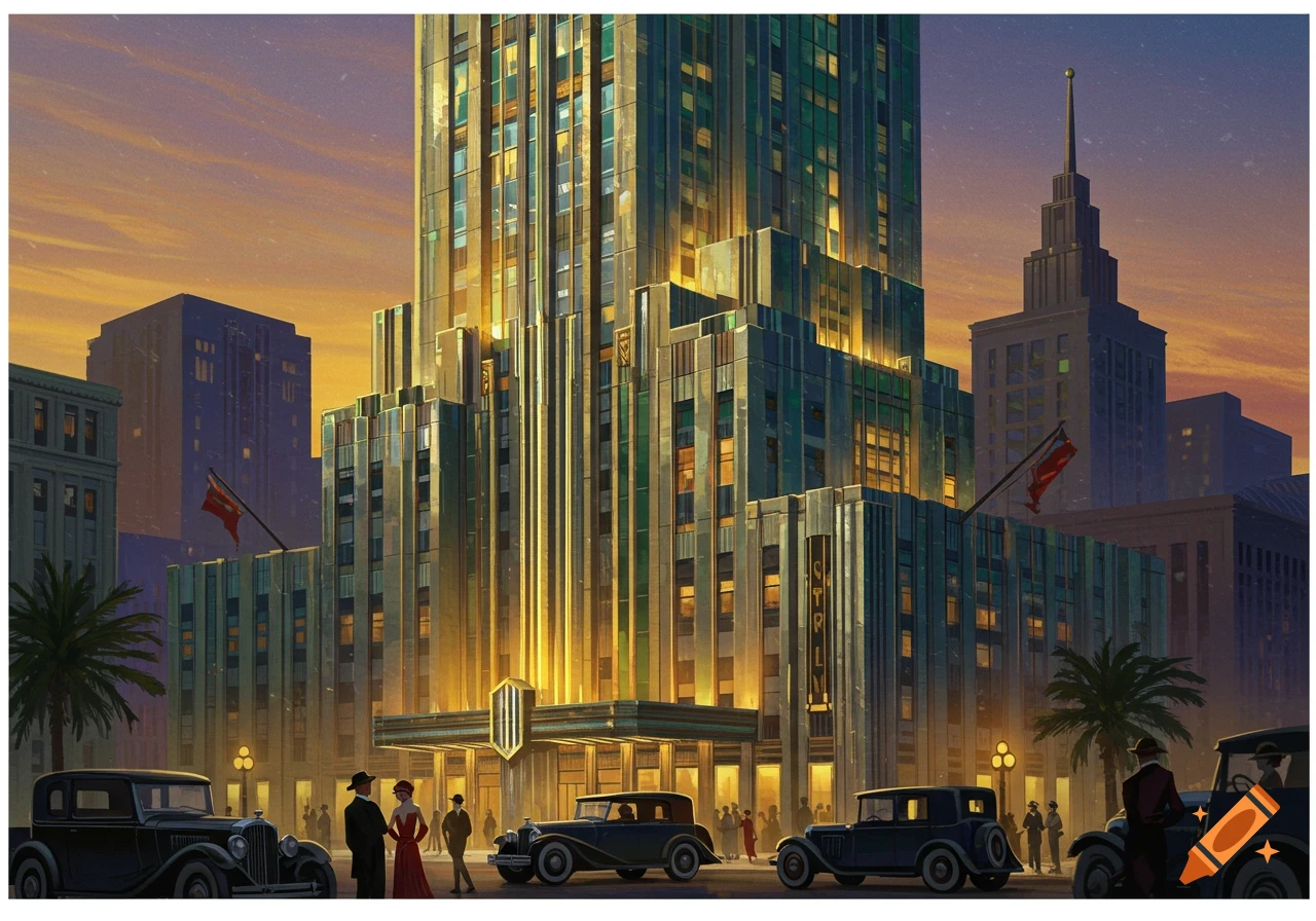 An Art Deco cityscape at dusk with a towering skyscraper, classic cars, and pedestrians on the street. Golden light emanates from the building.
