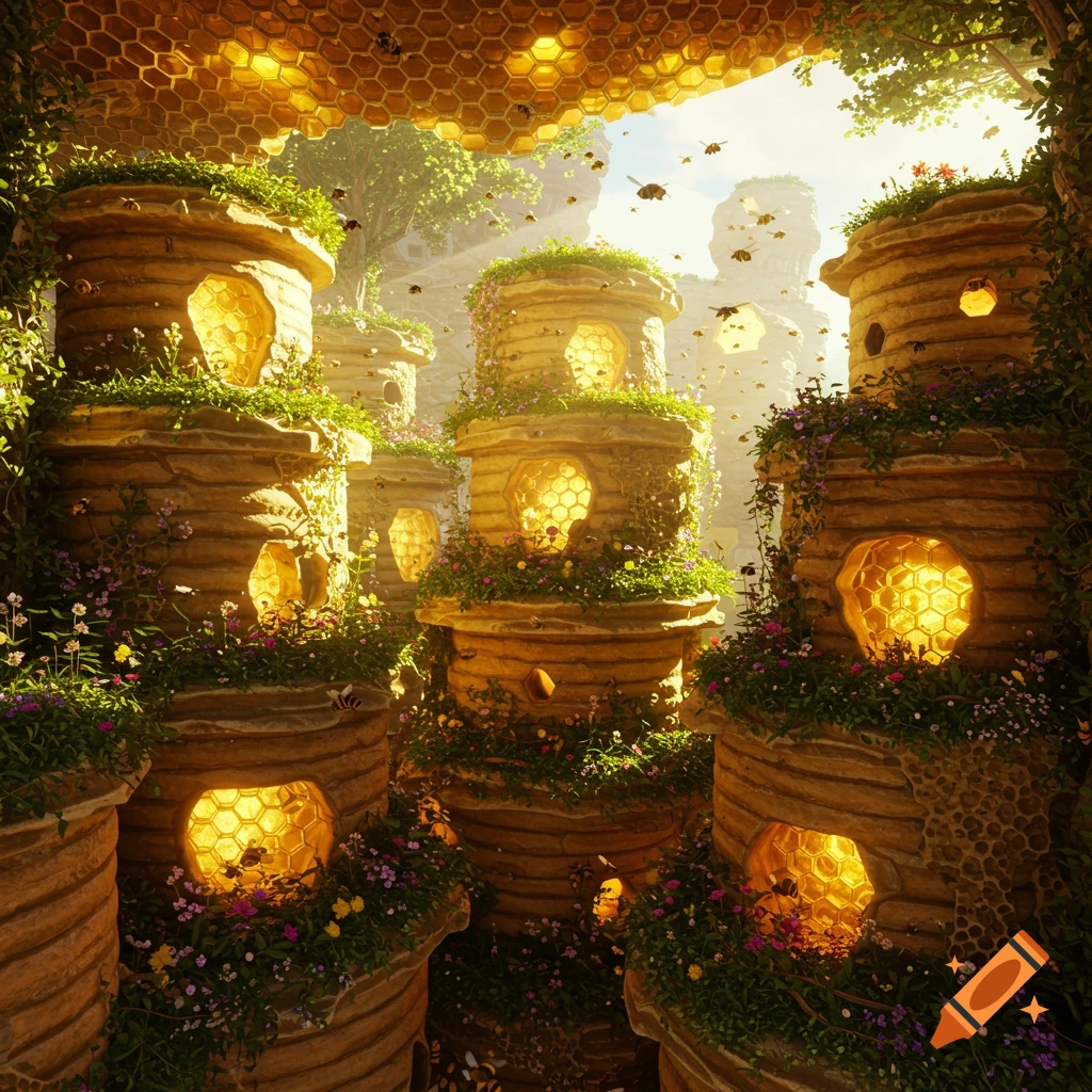 A vibrant fantasy city made of glowing beehive structures, covered in lush greenery and flowers, with many bees flying around under a honeycombed ceiling.