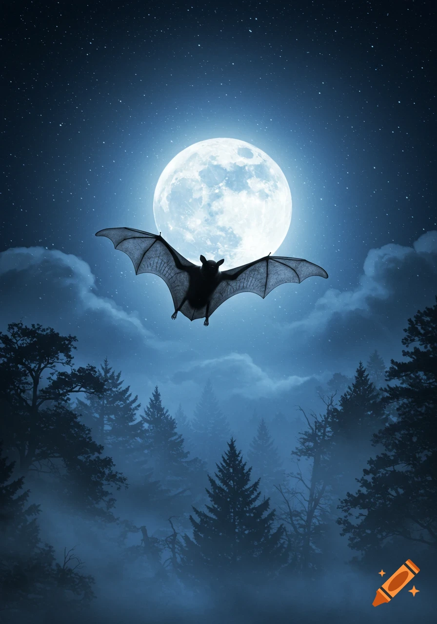 A silhouetted bat flies in front of a bright full moon over a misty, dark forest at night with a starry sky.