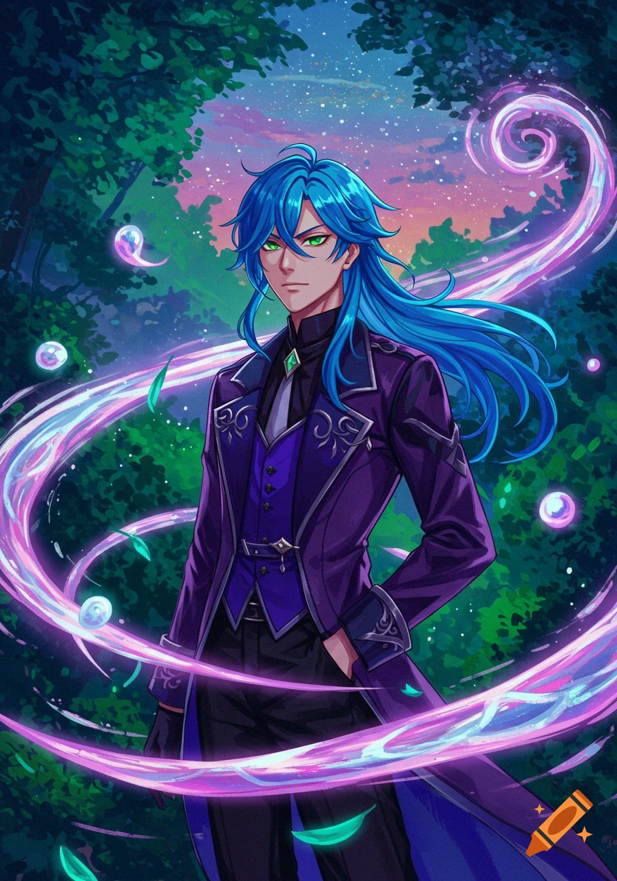 Anime man with long blue hair and green eyes in a purple suit, surrounded by glowing magical wisps in a fantasy forest at dusk.