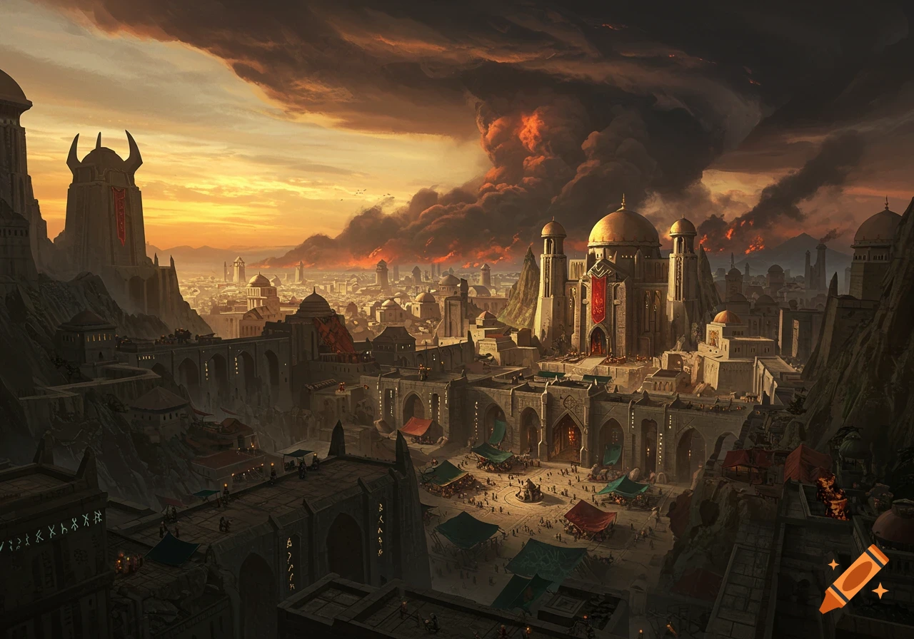 A grand fantasy dwarven city with imposing architecture, including a horned tower and domed buildings, under a dramatic, smoky sunset sky.