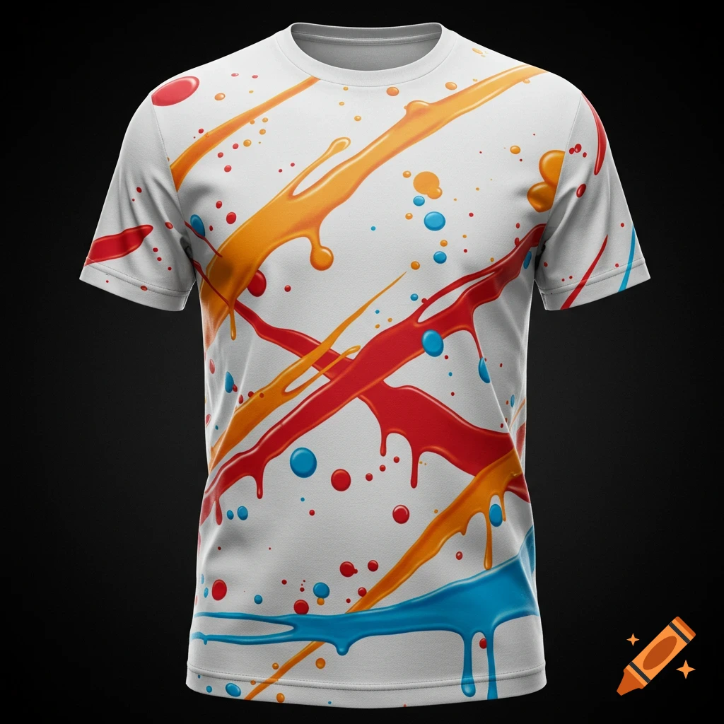 A white t-shirt with vibrant orange, red, and blue paint streaks and splatters on it, rendered on a dark background.