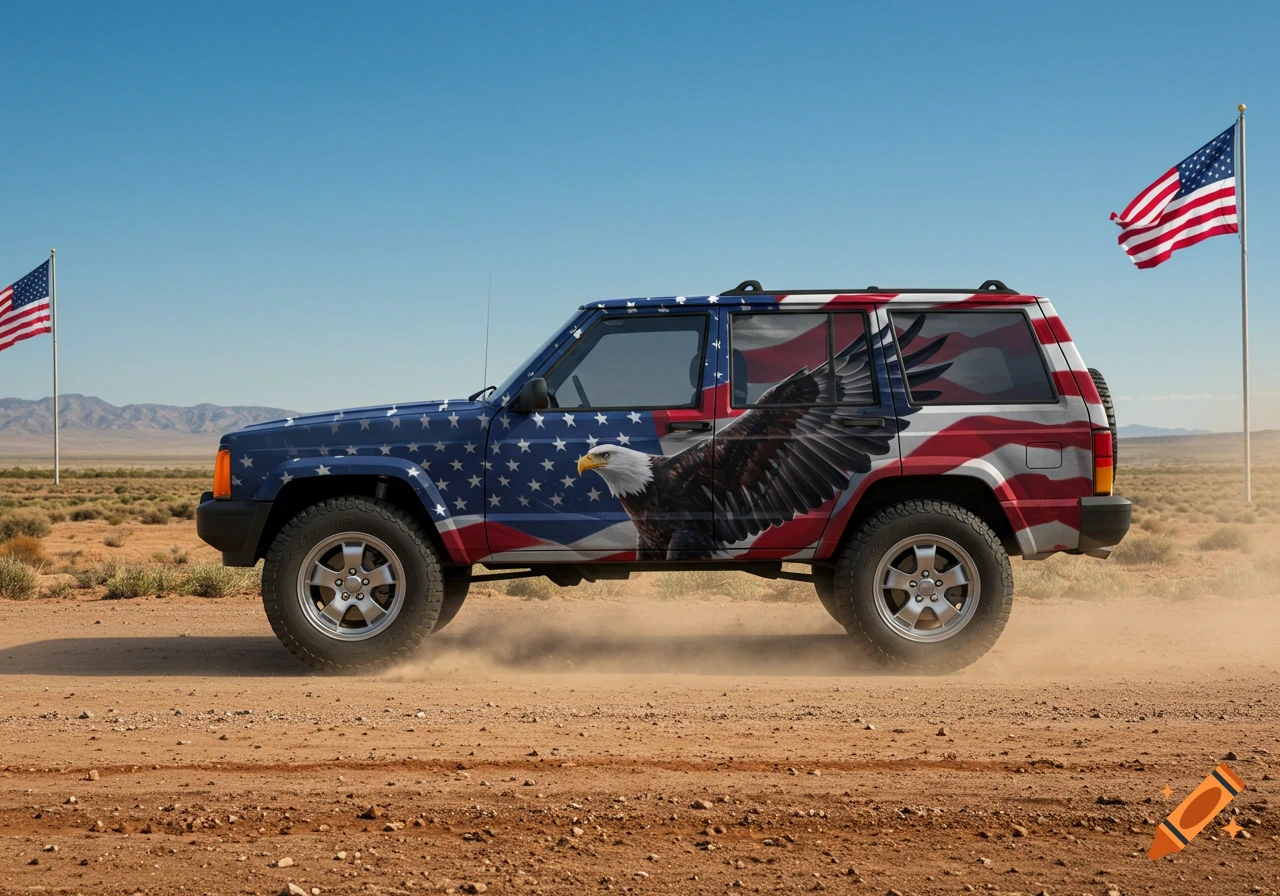 A photorealistic Jeep Cherokee painted with an American flag and a bald eagle drives on a dusty desert road with US flags.