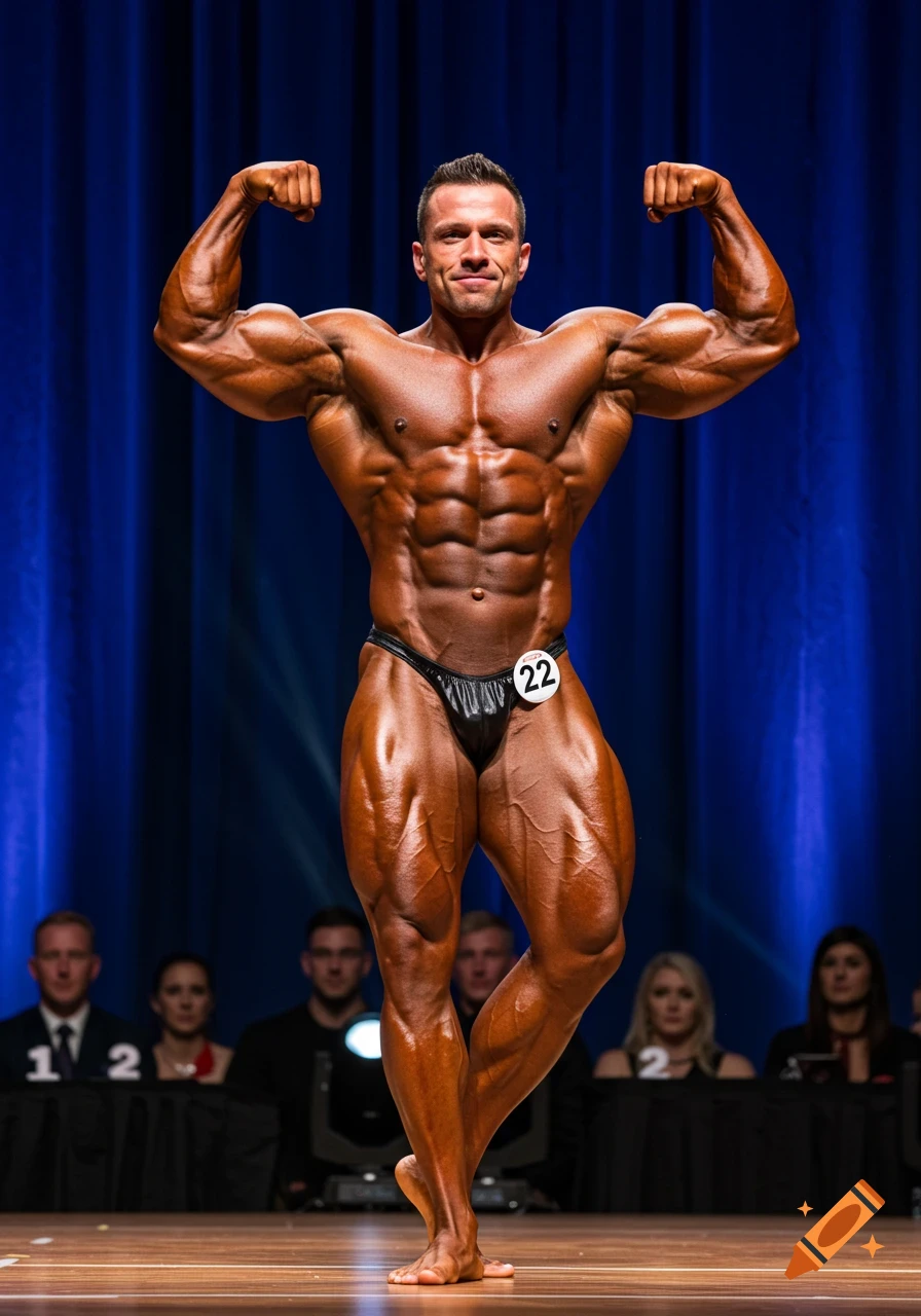 A muscular male bodybuilder flexing his biceps on stage during a competition, with a number 22 badge on his trunk and a blue curtain background.