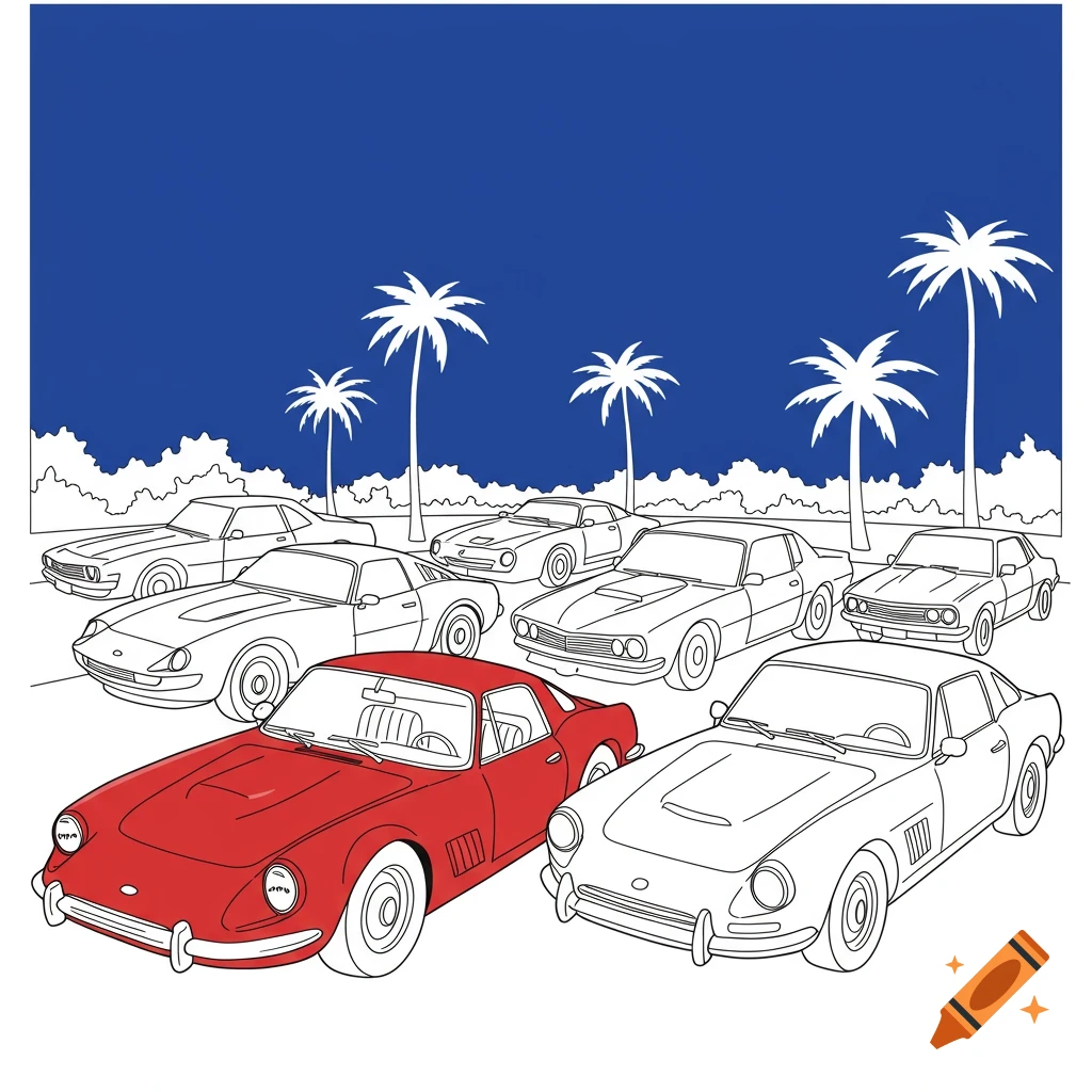 Line art illustration of vintage cars parked under palm trees, with one car colored red against a blue sky.