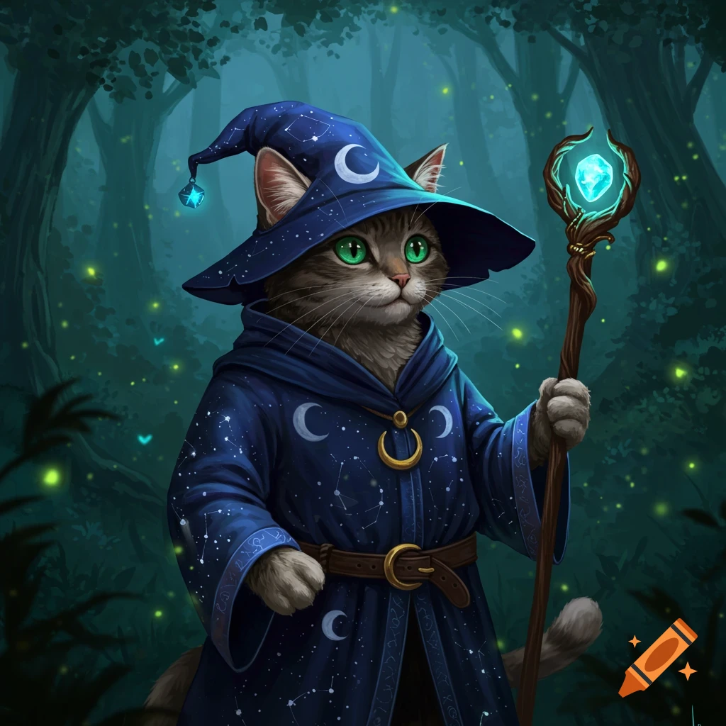 A brown tabby cat wizard with bright green eyes wears a blue pointed hat and robe decorated with moons and stars, holding a glowing staff in a magical forest.
