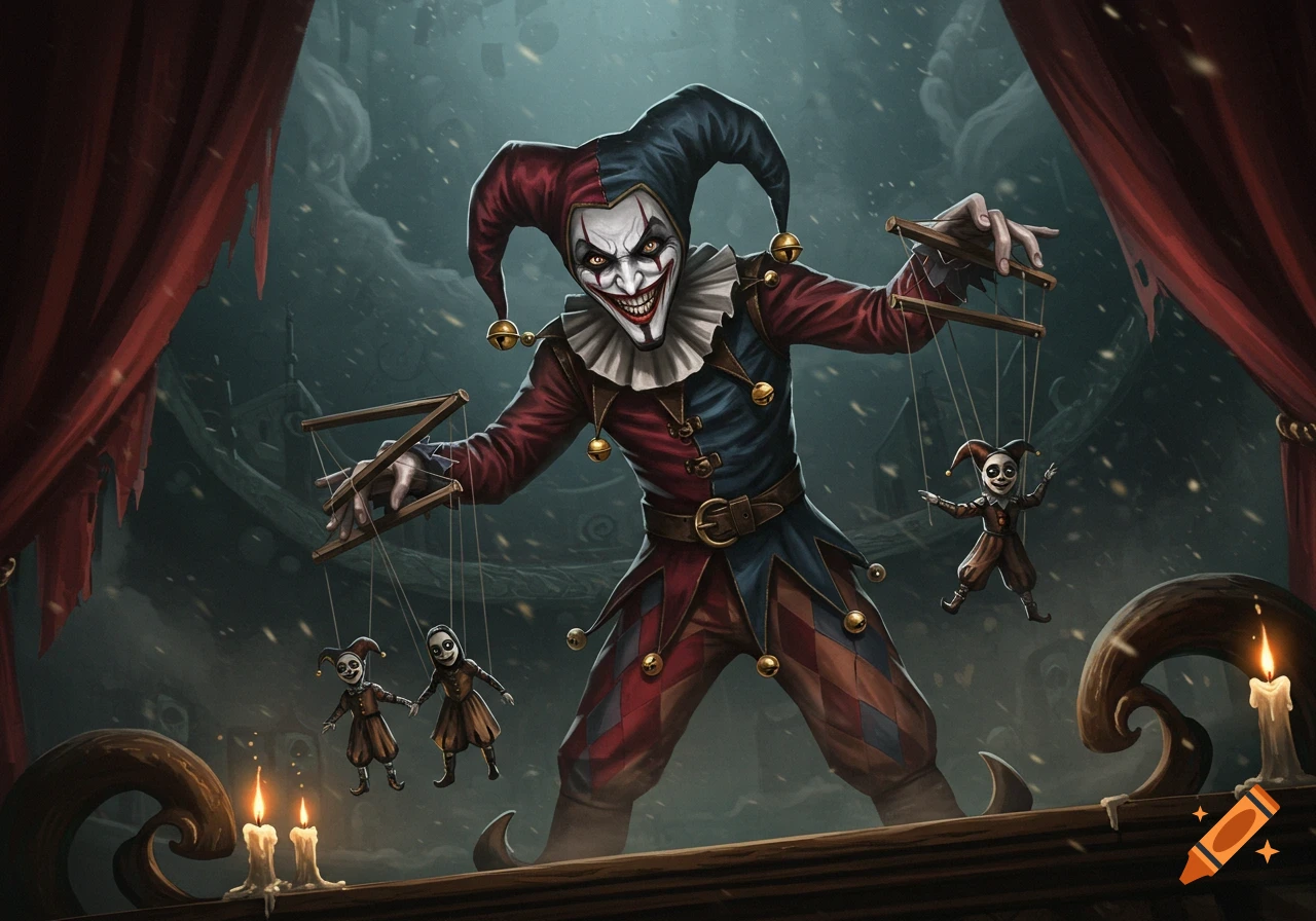 A creepy jester with a wide grin manipulates three small puppet jesters on a stage with red curtains, in a dark, fantasy art style.