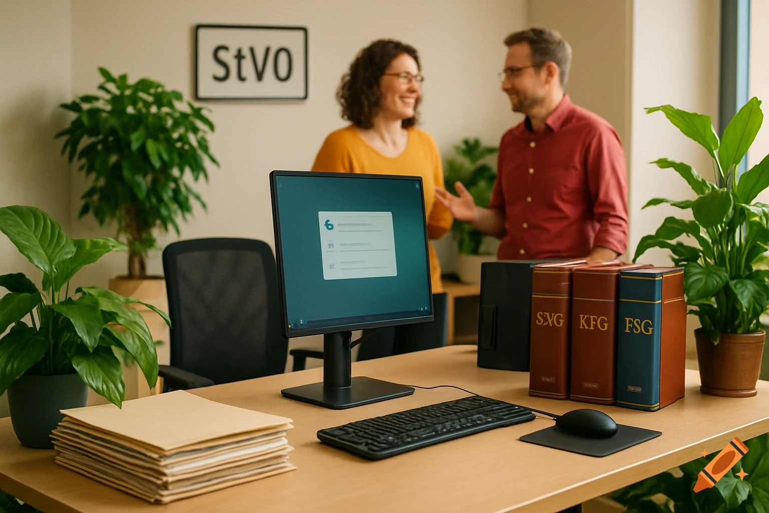 Two colleagues chat in a bright office with a computer, plants, files, and law books on a wooden desk. Photorealistic style.