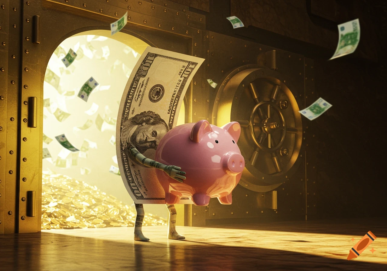A 100 dollar bill with arms and legs holds a pink piggy bank in front of an open bank vault filled with gold coins, with money floating.