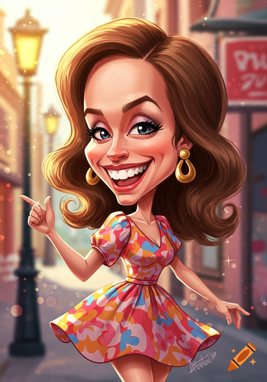 A smiling cartoon woman with brown hair, in a colorful floral dress, points to the left on a city street.