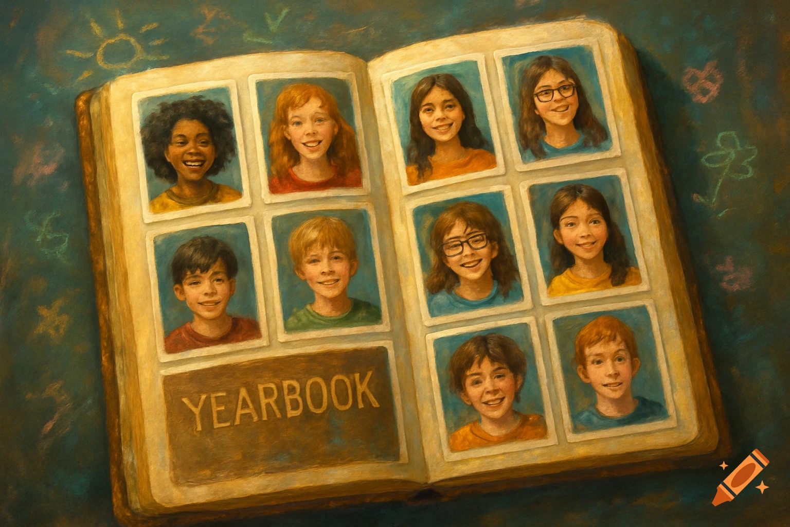 An open, painterly yearbook with nine smiling children's portraits and the word 'YEARBOOK' on the left page.