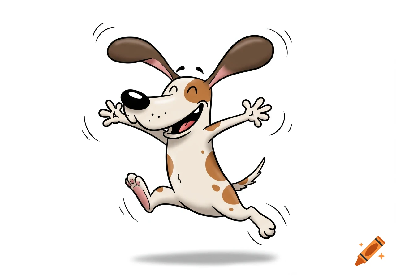 A happy, brown and white cartoon dog with floppy ears jumps for joy against a white background.