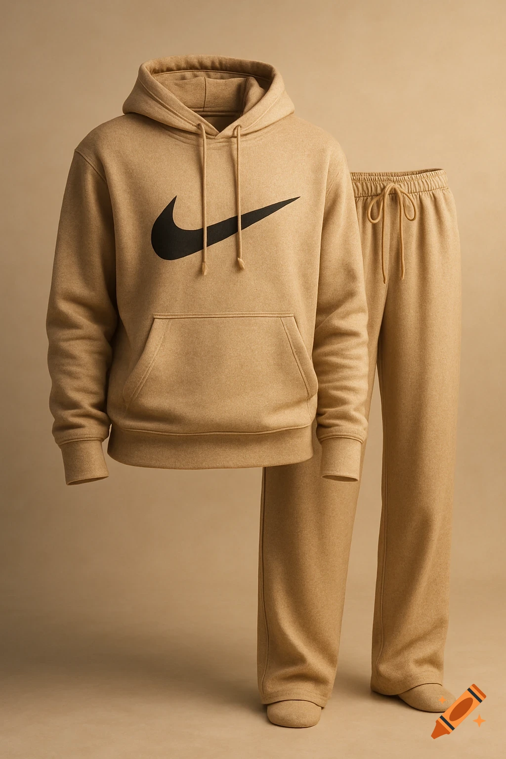 A tan colored Nike hoodie and matching sweatpants floating against a tan background.