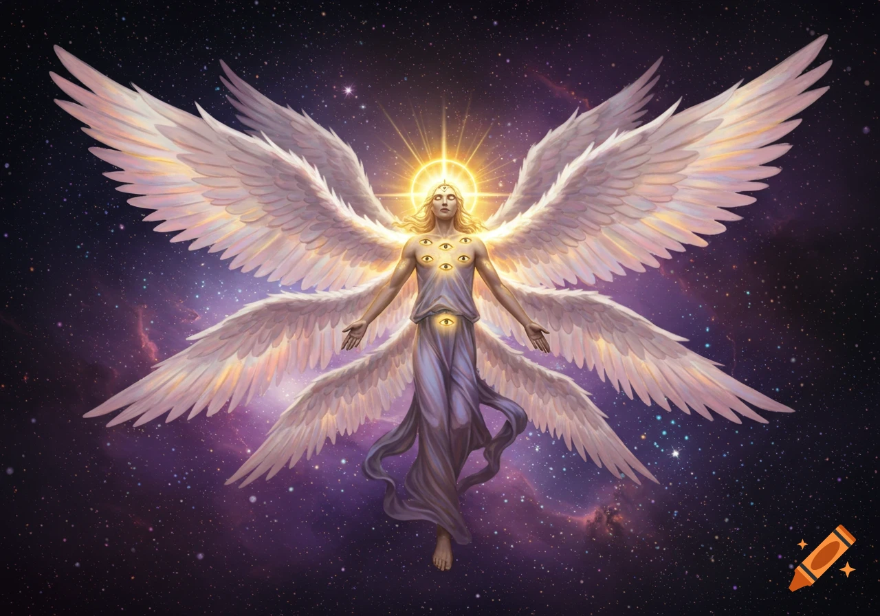 A multi-winged, many-eyed golden-haired angel glowing against a starry purple nebula background.