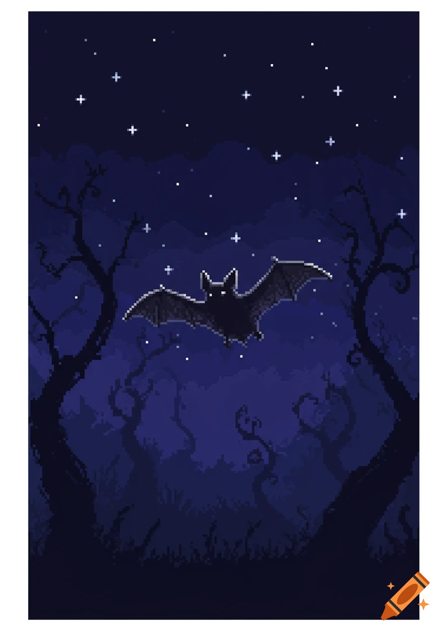 A pixel art illustration of a bat flying under a starry night sky over a dark, eerie forest.