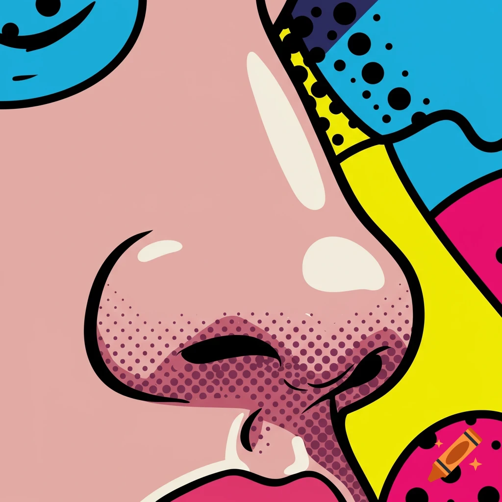 A vibrant, zoomed-in pop art cartoon illustration of a human nose, featuring bold outlines and Ben-Day dots.