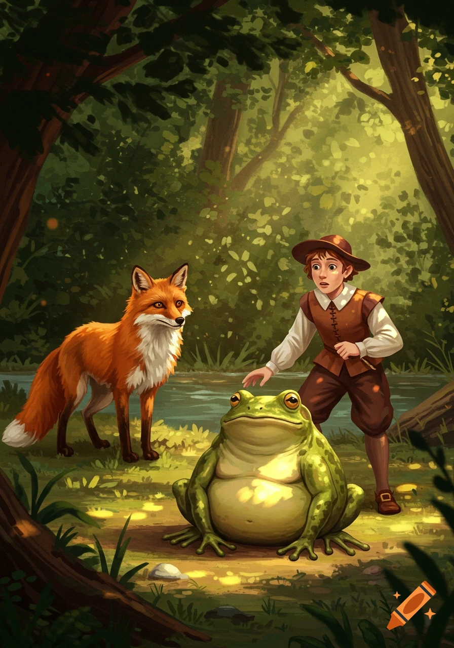 An illustration of a young boy, a fox, and a giant frog by a stream in a sunlit forest.