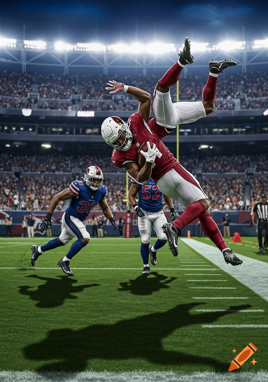 A photorealistic image of an American football player in a red uniform airborne, mid-flip after a play, holding the ball in a brightly lit stadium.