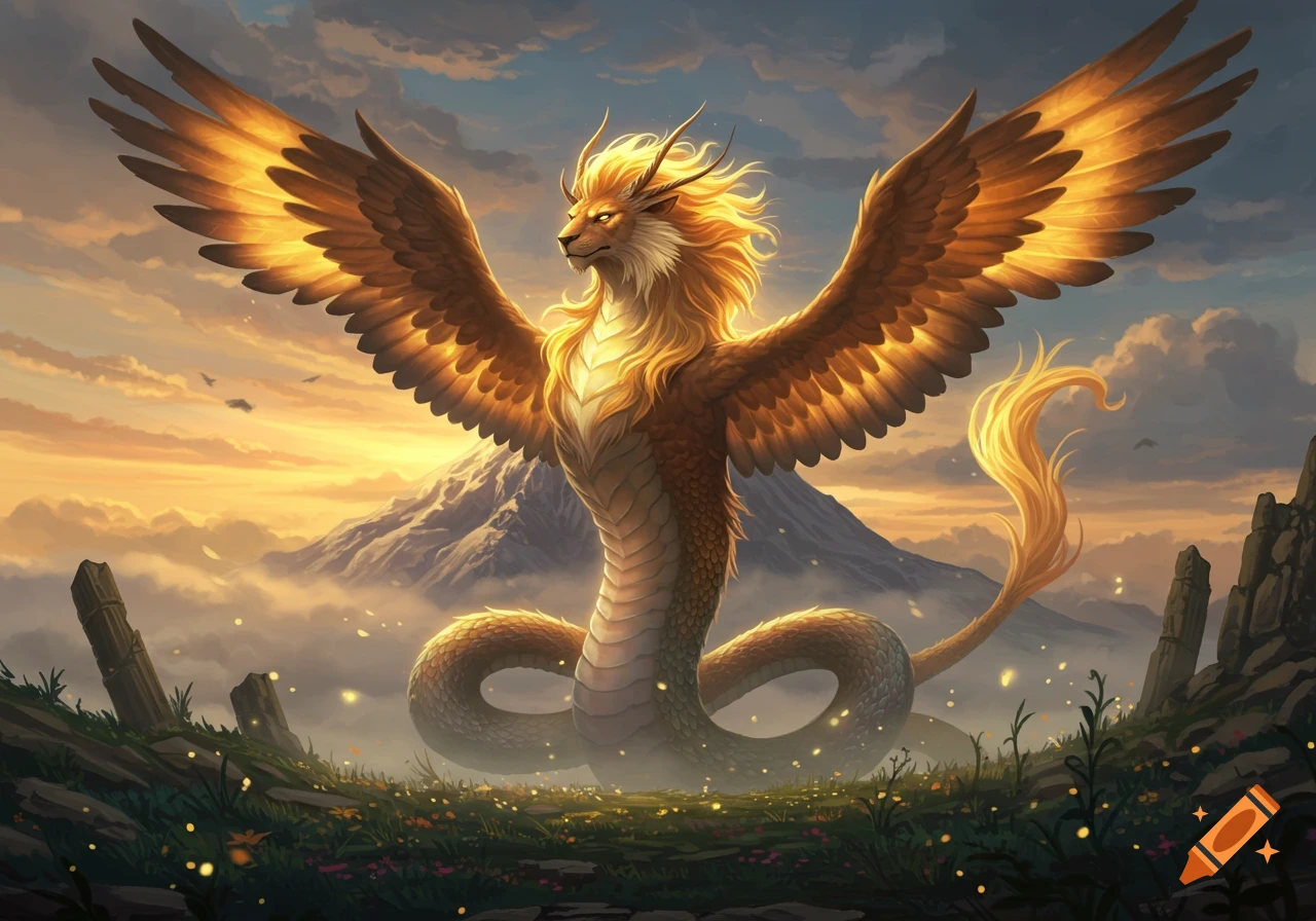 Majestic winged serpentine creature with a lion's head, standing in a misty mountain landscape at sunset with glowing plants.