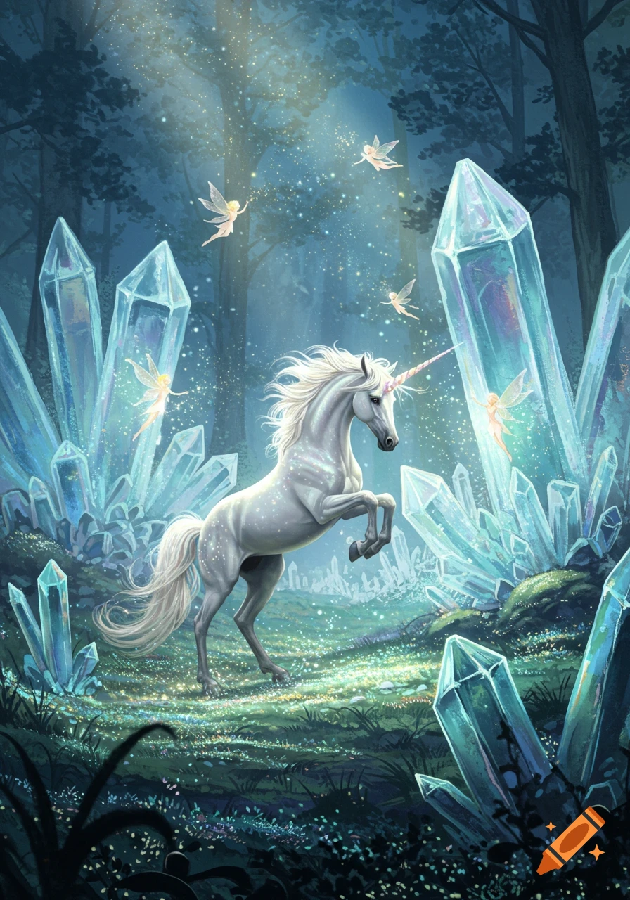 A white unicorn rears in a magical crystal forest, surrounded by sparkling dust and tiny flying fairies.
