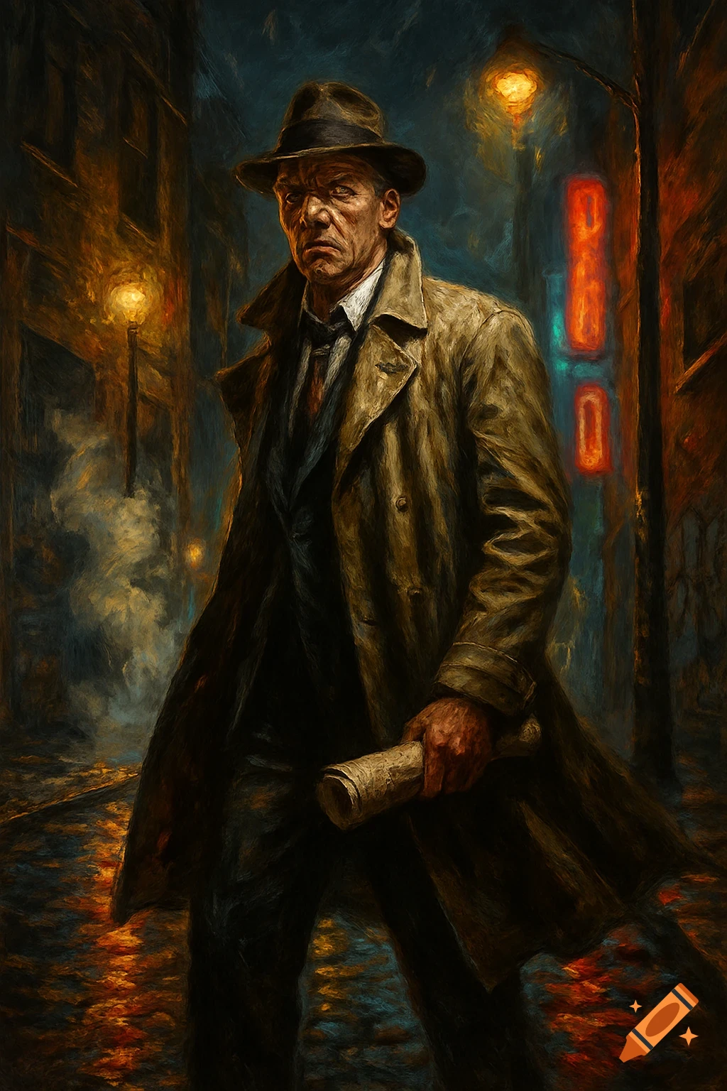 A grim-faced man in a trench coat and fedora walks through a dark, rain-slicked city street at night, holding a rolled document. Painterly film noir style.