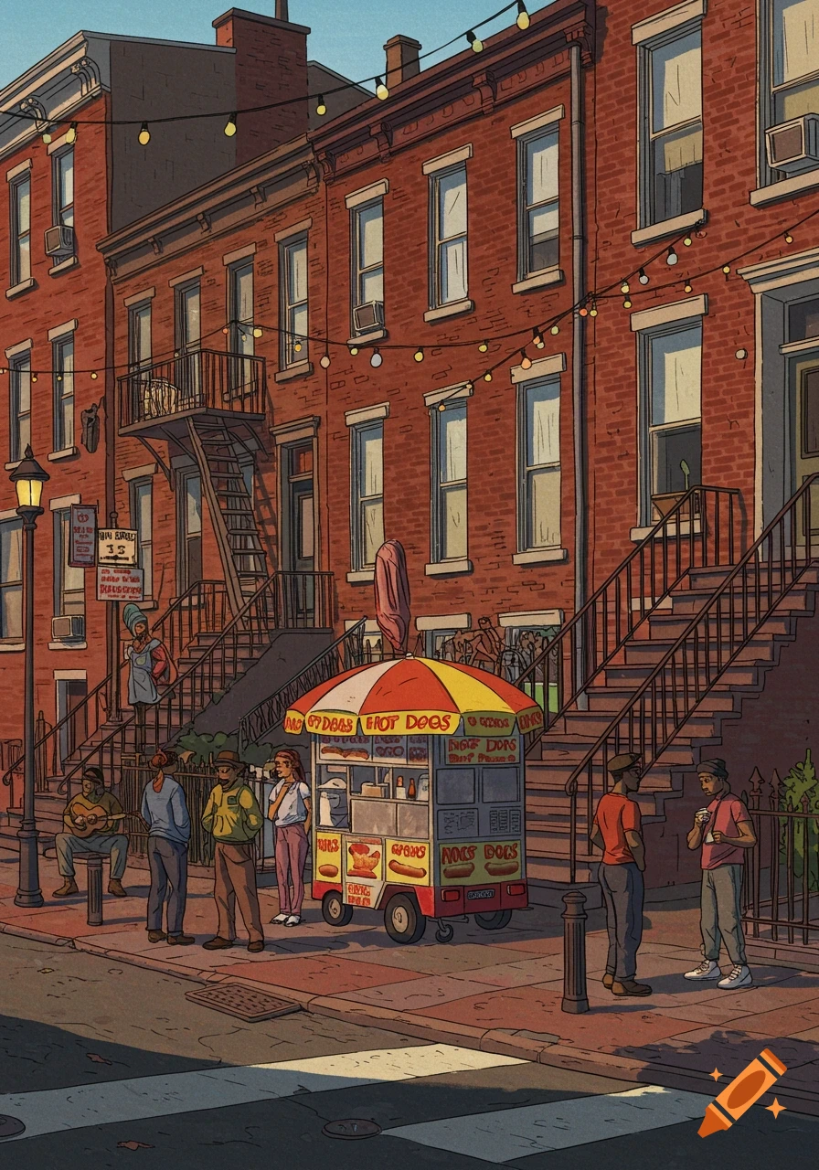 An illustration of a city street corner in South Philly with brick rowhouses, a hot dog stand, and people.