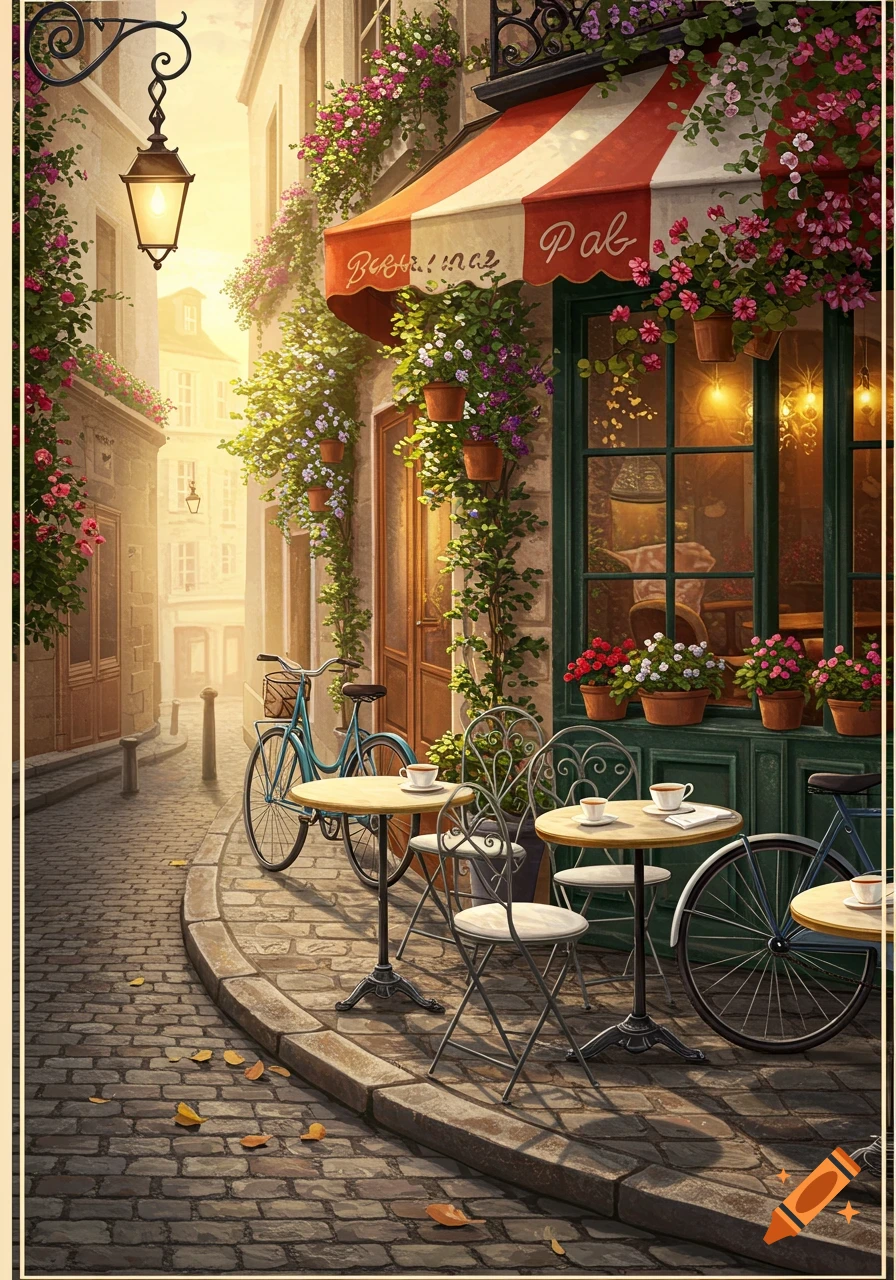 A charming street scene with a cafe, red and white striped awning, potted flowers, bistro tables, and bicycles on cobblestones at sunset.