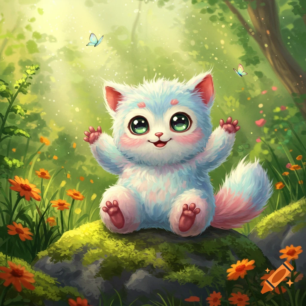 A fluffy, light blue and pink creature with big green eyes sits on a mossy rock in a magical forest, with butterflies fluttering around.