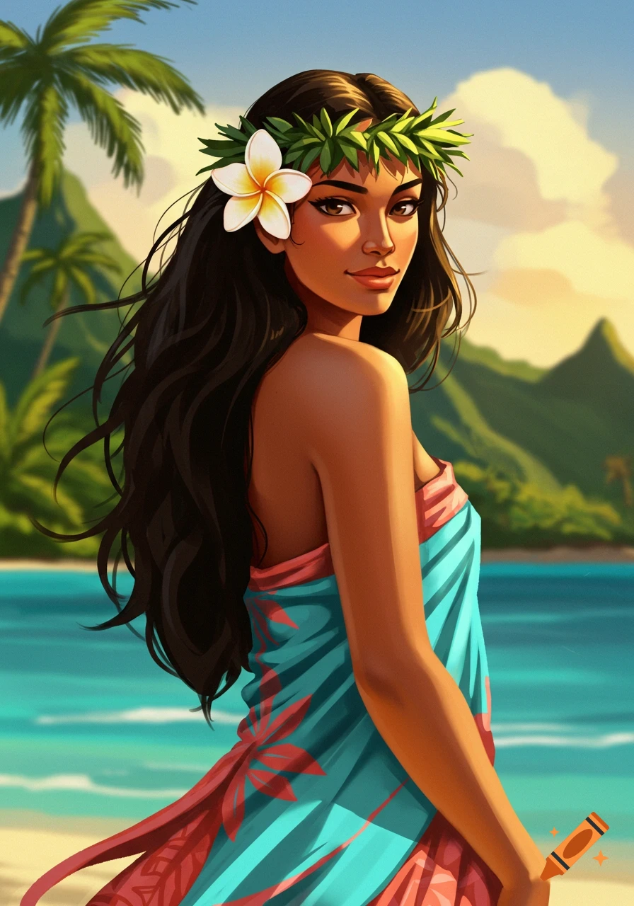 Stylized illustration of a Tahitian woman with a tiare flower in her dark hair, wearing a colorful sarong on a tropical beach.