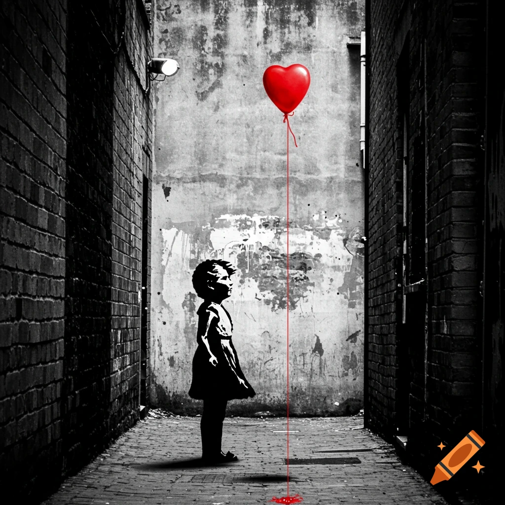 A black and white Banksy-style stencil of a girl looking up at a red heart balloon in a dark, gritty alley.