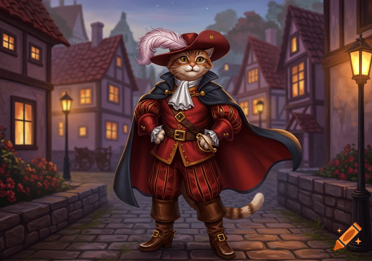 An anthropomorphic orange tabby cat in a red musketeer costume with a feathered hat and sword stands on a cobblestone street in an old European town at dusk.