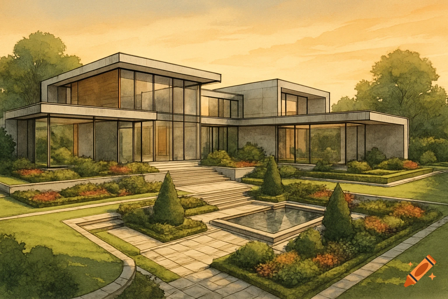 A watercolor rendering of a modern house with large windows and a meticulously landscaped garden with stairs, paths, and a small pool.