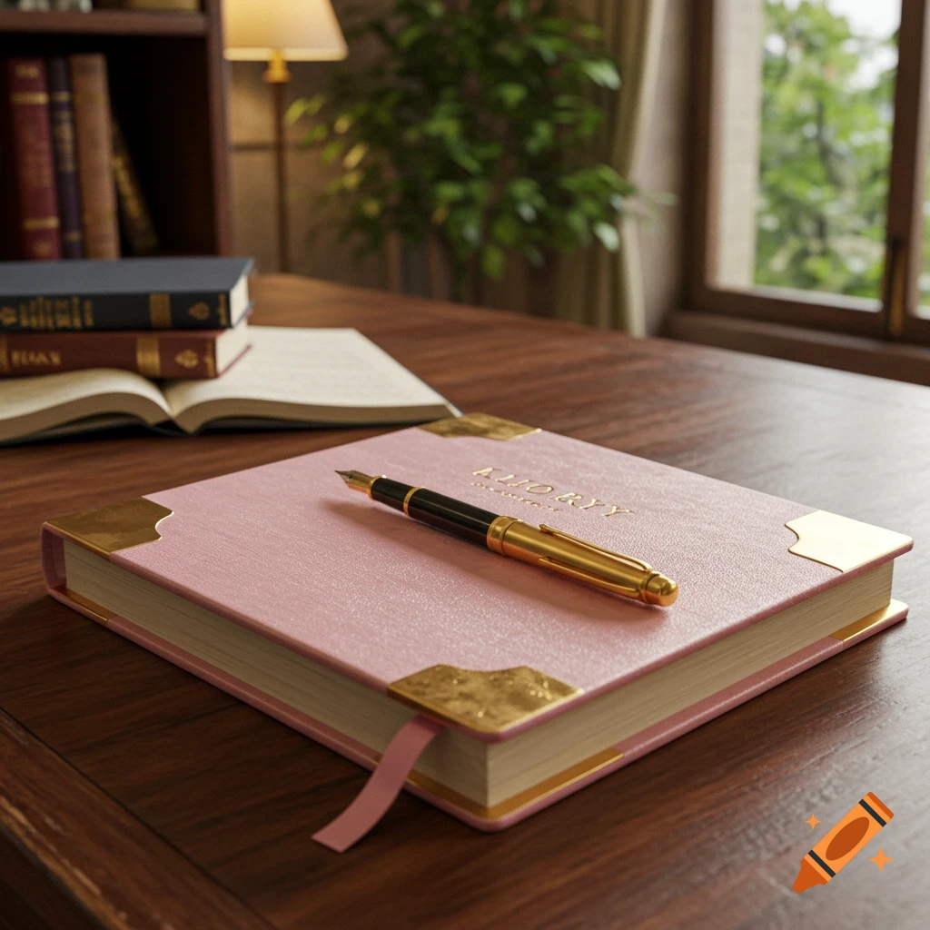 A pink and gold diary with a fountain pen on a wooden desk, surrounded by books and a window, in a photorealistic style.