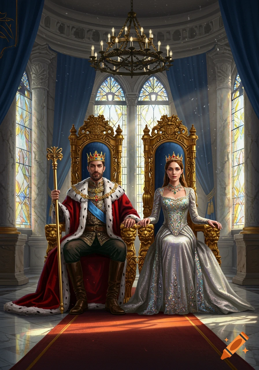 A regal king and queen in royal attire sit on ornate golden thrones in a grand, illuminated palace throne room.