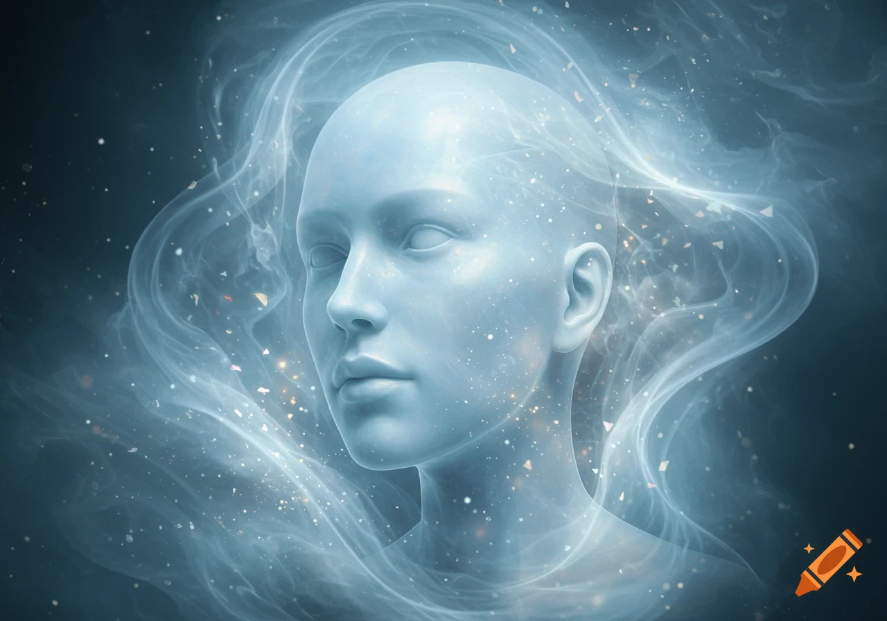 A luminous, bald, featureless human bust in pale blue emerges from swirling ethereal smoke and sparkling particles.