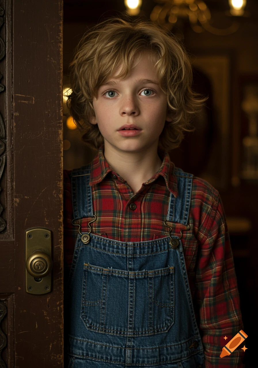 Photorealistic portrait of a young boy with light blond hair and blue eyes, wearing a plaid shirt and denim overalls, peeking from behind a rustic wooden door in a dimly lit room.