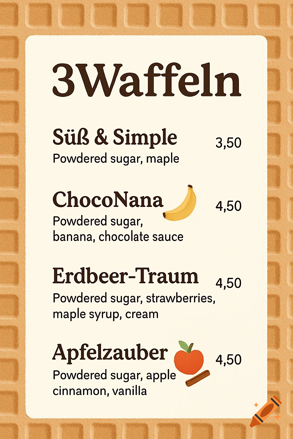 A cream-colored waffle menu for '3Waffeln' with four items: 'Süß & Simple', 'ChocoNana', 'Erdbeer-Traum', 'Apfelzauber'.
