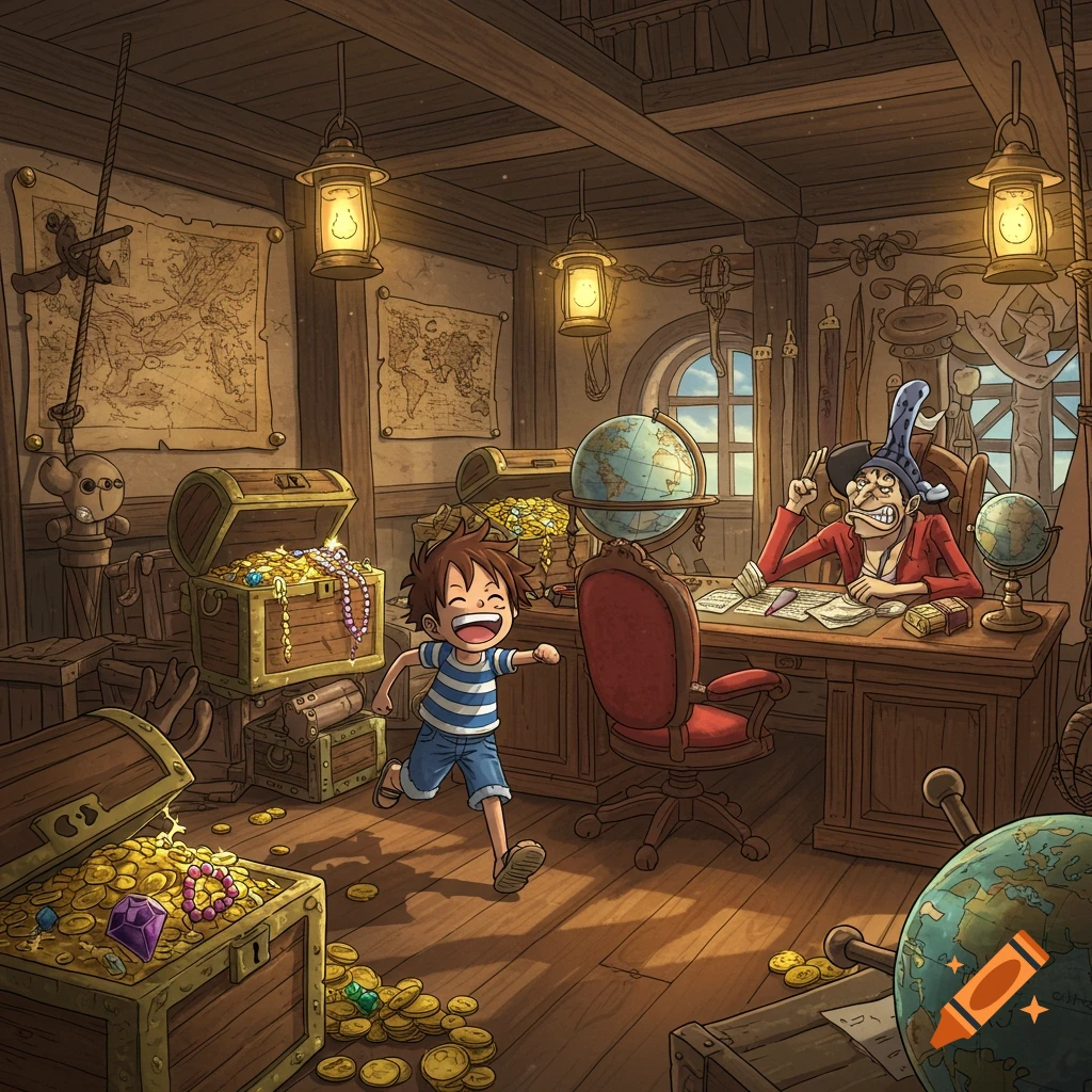 A happy anime boy runs past open treasure chests full of gold in a pirate captain's cabin, where an older man sits at a desk.